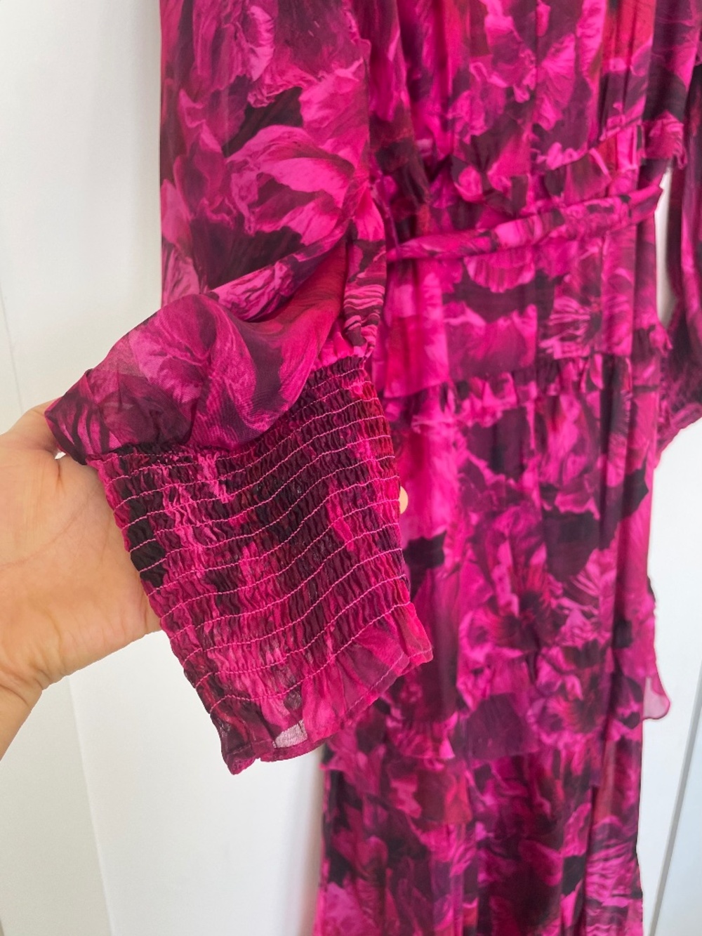 MARCHESA Rosa Leilani Floral Tiered Maxi Dress Long Sleeve V-Neck Fuchsia Size16 - Picture 6 of 15
